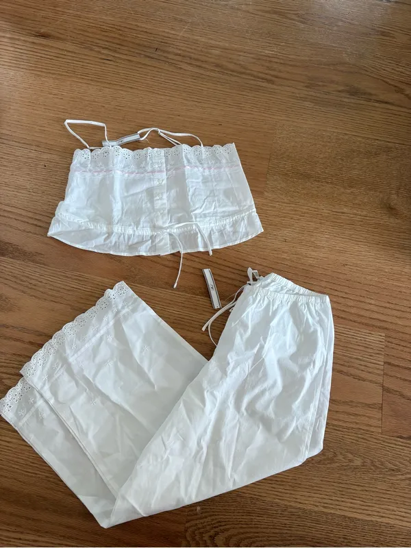 Frankie’s Bikinis White Cotton Eyelet-Trim Camisole & Pants - Image 3
