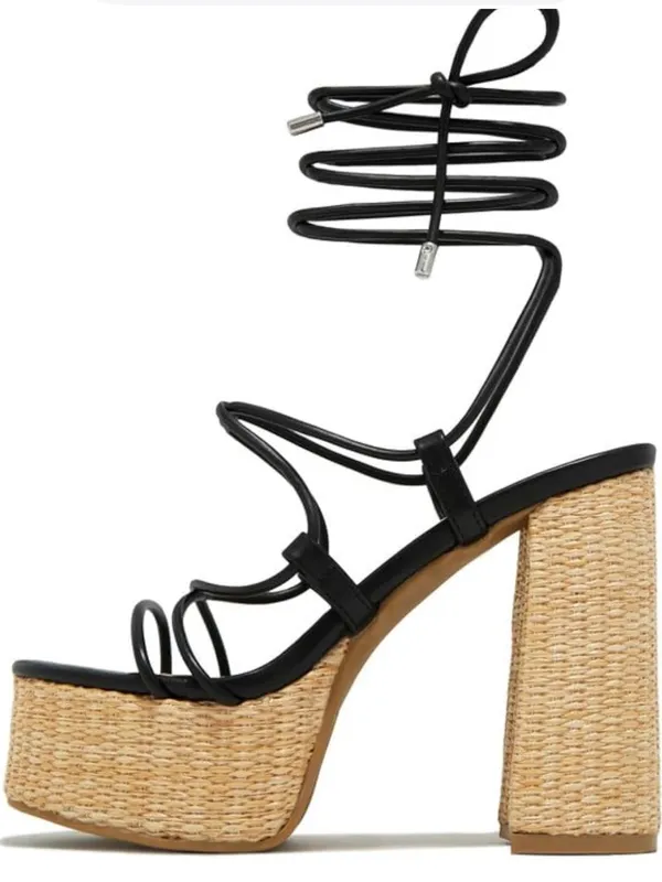 TOP Moda Black Lace-Up Woven Block Heel Sandals size 8.5 - Image 3