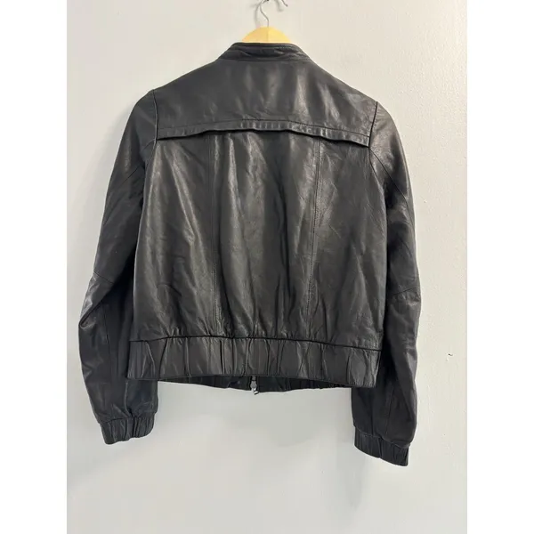 ⁠a.n.a Womens Black Genuine Leather Bomber Jacket Band Collar Medium Zip Y2K - Image 2