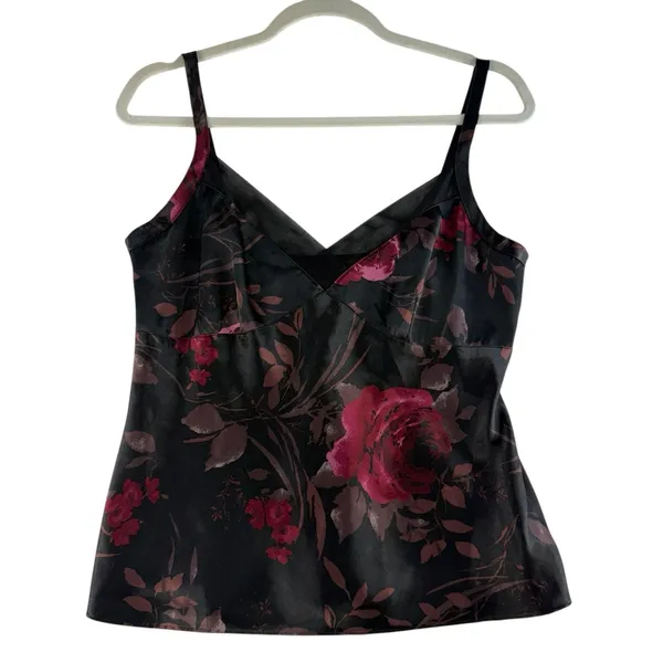 Vintage Y2K M Medium Cami Tank Top Dark Romantic Gothic Floral Shirt Black Satin - Image 2