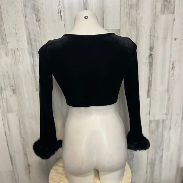 XS Black Velvet Zip Front Crop Top w/ Fur Cuff Sleeves | Long Sleeve Party Top - Image 5