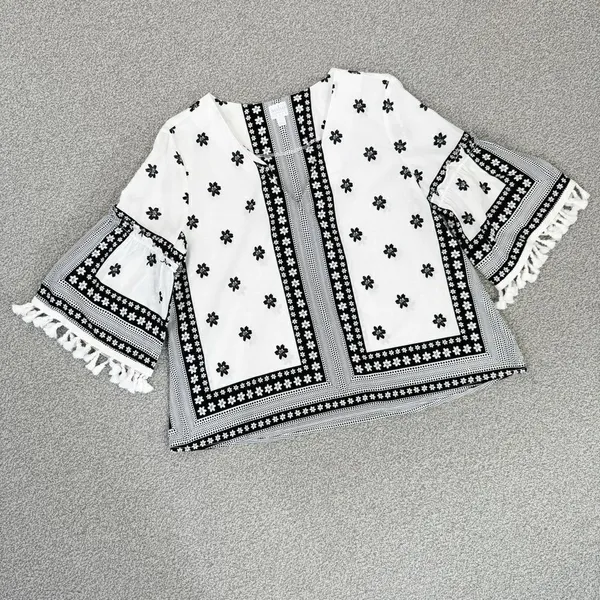 Soho New York & Comp Boho Fringe‎ Hem Floral Popover Shirt White Black Large - Image 13