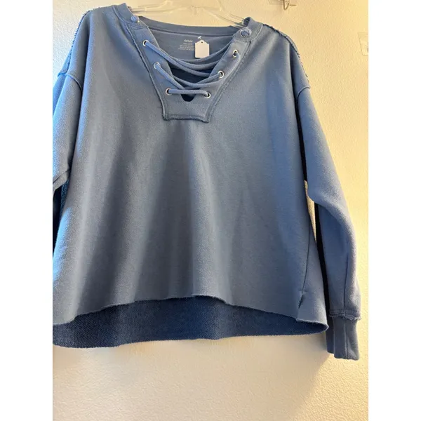 Aerie Lace Up V-Neck Sweatshirt Blue Raw Hem XXS Y2K - Image 5