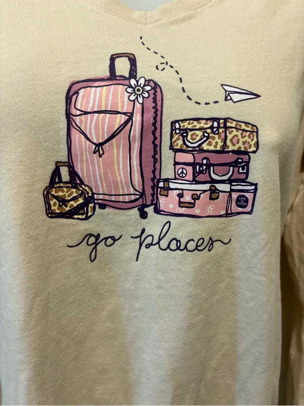 Life is Good Go Places Ivory V-Neck Long Sleeve Crusher Tee Sz M 100% Cotton - Image 4