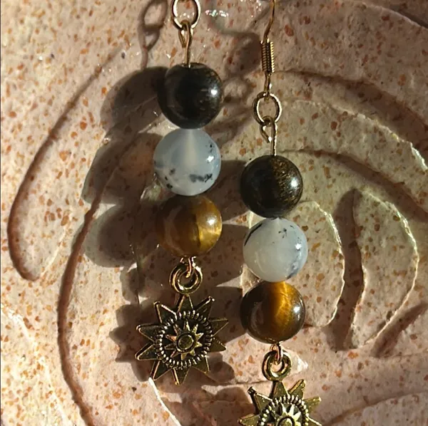 Handmade Bronzite + Chrysoprase + Tigers Eye Sun Charm Earrings - Image 6