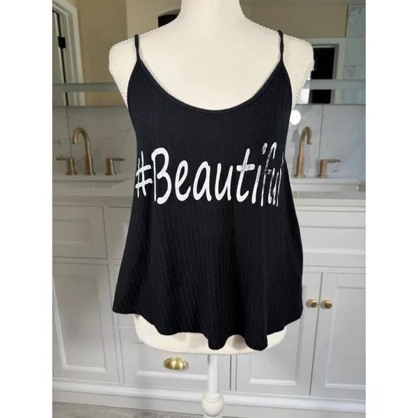 Papaya Tank Top Womens Medium Black #Beautiful Graphic Ribbed Open Back Cami - Image 2