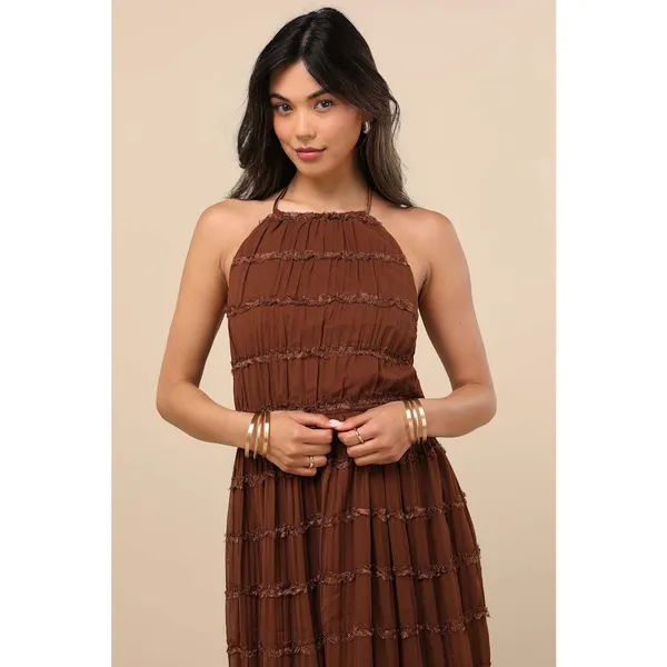 NWT Lulus Madriana Brown Halter Neck Ruffed Midi Dress Bohemian Summer Sz M - Image 3