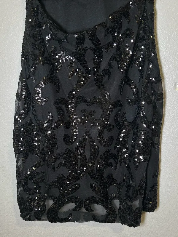 Windsor Black Sequin Damask Strappy Open Back Party Mini Dress Women Size Medium - Image 7