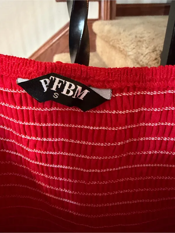 Red Smocked Maxi dress with White Ladder Stitching - Image 3