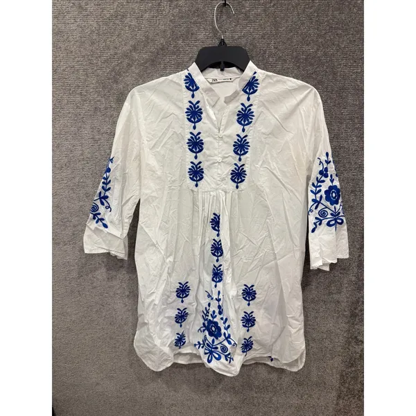 Zara Women Tunic Top XS White Blue Floral Embroidered Boho 3/4 Sleeve - Image 5