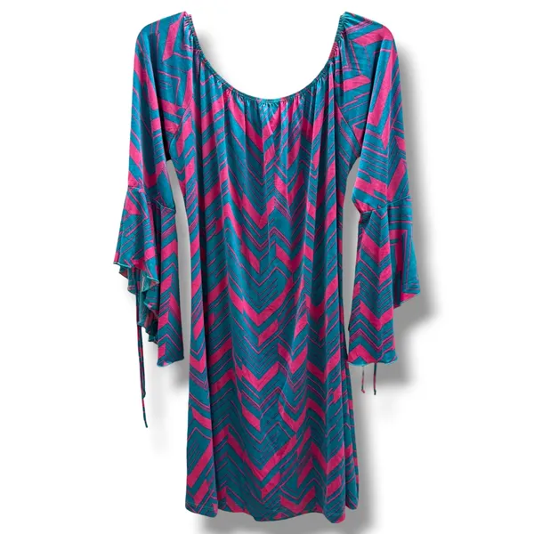 2B Together Boho Chevron Off Shoulder Bell Sleeve Mini Dress Made USA - Image 4
