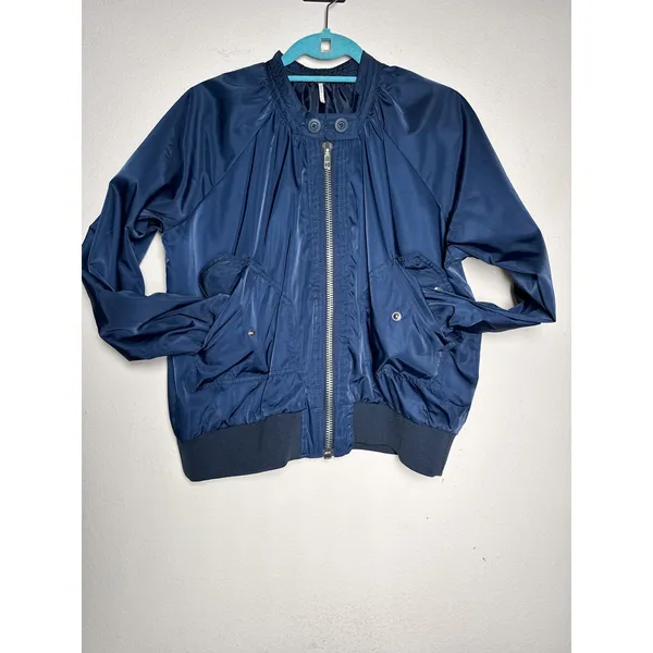 Free People Navy Satin Bomber Jacket M Lightweight - Image 2