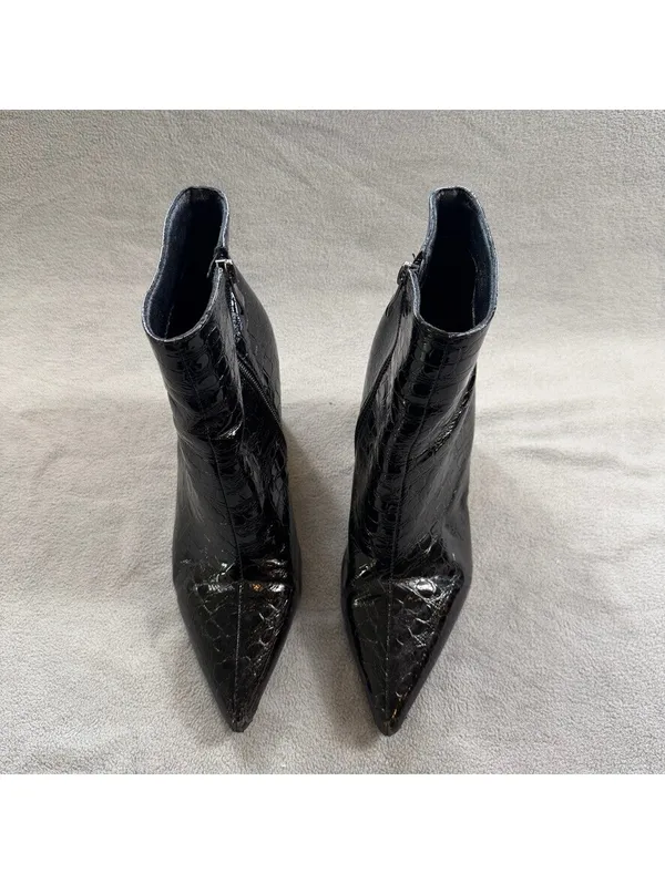 Black Faux Crocodile Embossed Pointed Toe Stiletto Ankle Boots Zip High Heel - Image 2