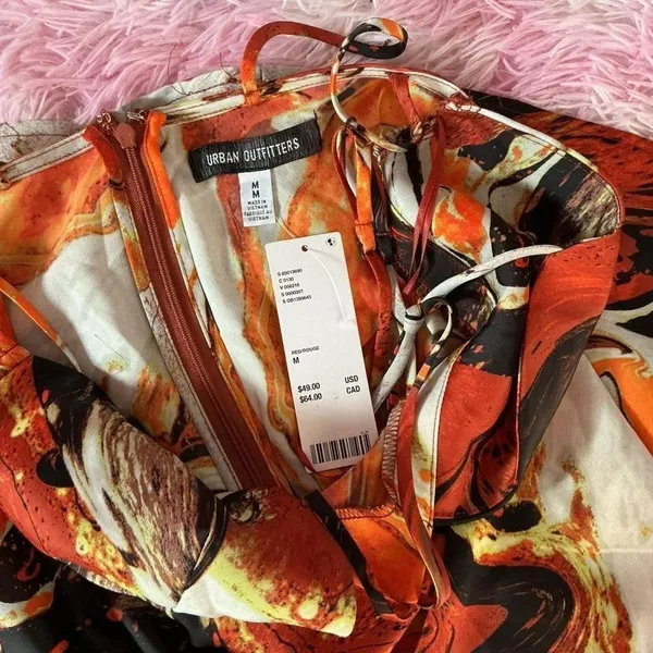 NEW Urban Outfitters Marble Print‎ Mini Dress Orange Red Brown Strappy Women's M - Image 3
