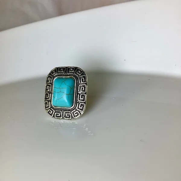 Silver Rectangle Turquoise Stone Adjustable Ring - Image 3