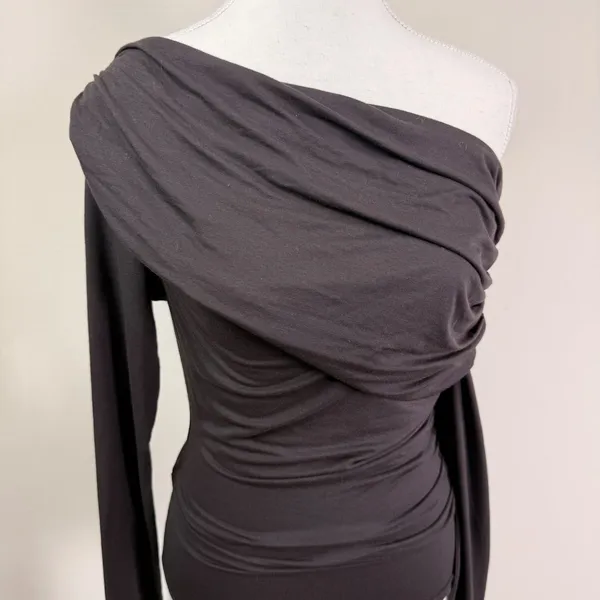 Agolde Kira Bodysuit Black Brown Ruched One Shoulder Long Sleeve Modal Top XS - Image 3