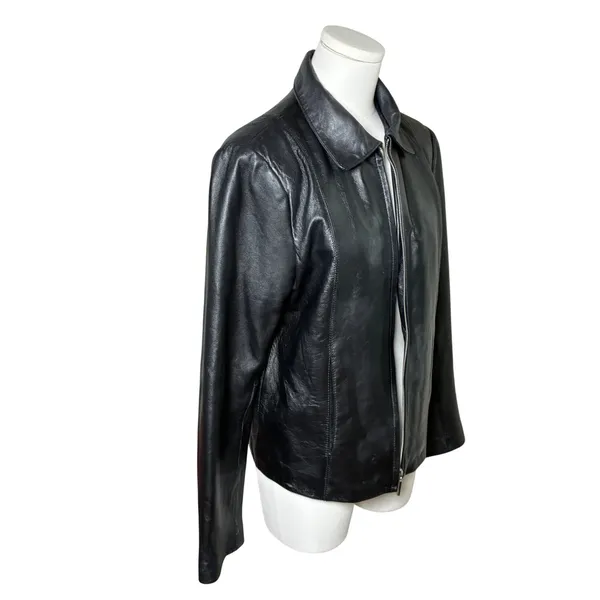 Adler Collection Black Genuine Leather Jacket Zip Front Collared Minimalist M - Image 2