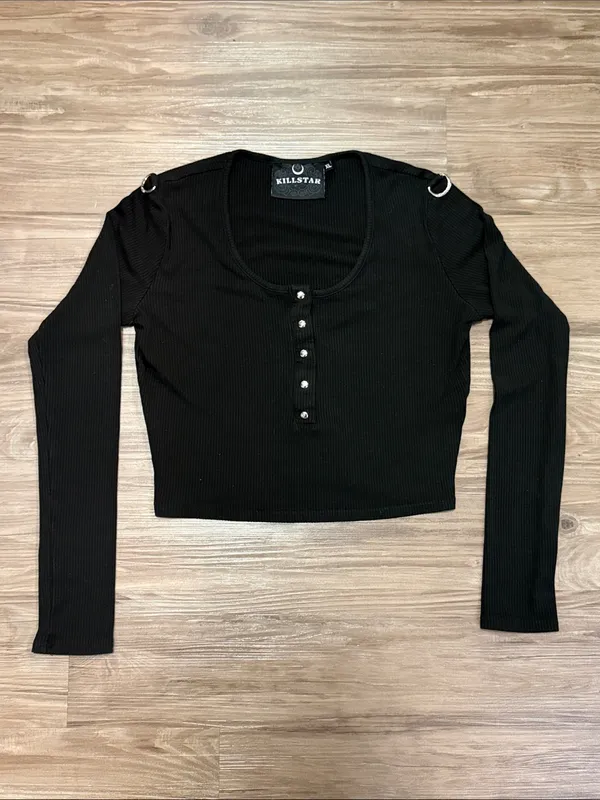 KILLSTAR Bethel Crop Top XL Black D Ring Gothic Ribbed Long Sleeve - Image 2