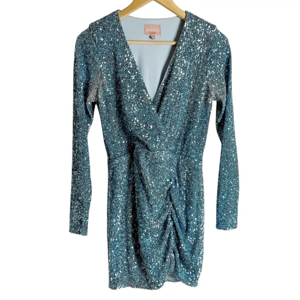 Show Me Your MuMu Party Hop Blue Sequined Long Sleeve Ruched Mini Dress Size M - Image 5