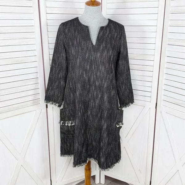 Nanette Lepore Tweed Fringe Hem Pocket Shift Dress Black‎ 6 Boho Lagenlook - Image 2