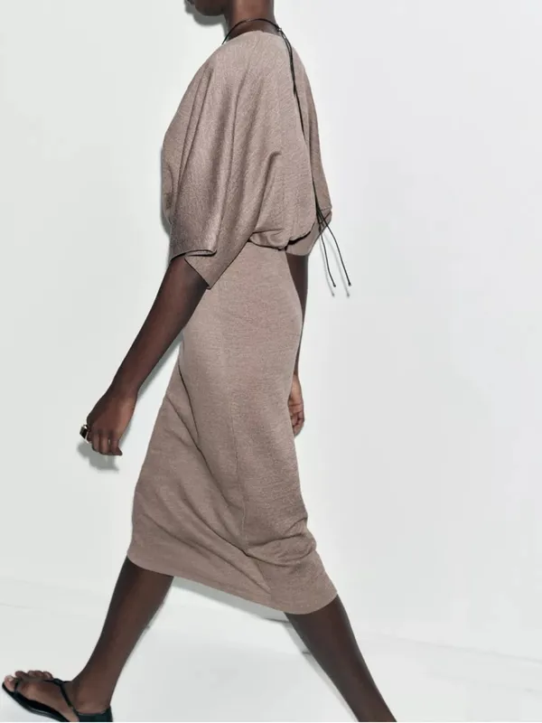 Zara Taupe Kimono-Sleeve Midi Dress with Black Belt - Image 8