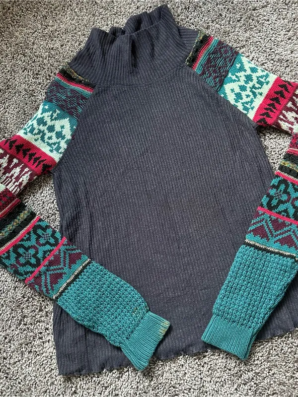 Free People Charcoal Turtleneck Sweater with Teal & Burgundy Patterned Sleeves - Image 3