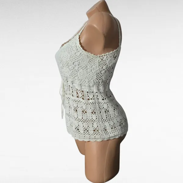 Crochet Tank Top Cream Sleeveless Drawstring Boho Bohemian Festival Small - Image 3