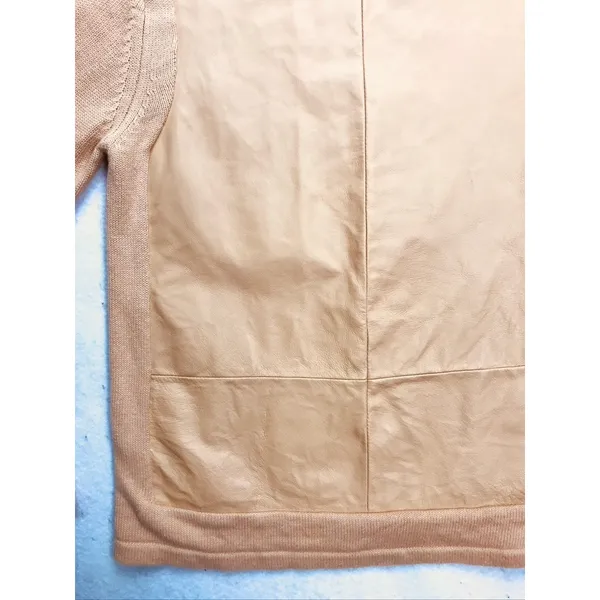 Terry Lewis Sweater Womens Medium Tan Leather Trim Ramie‎ Cotton Mock Neck - Image 8