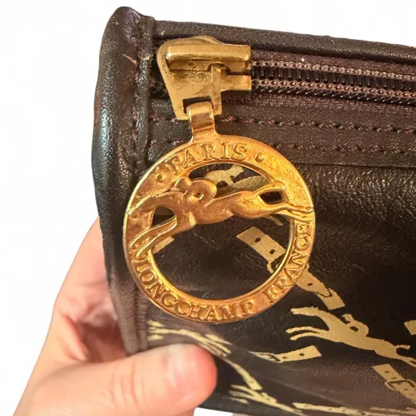 Vintage Longchamp Paris Equestrian Horse Chain Print Leather Crossbody Brown - Image 8