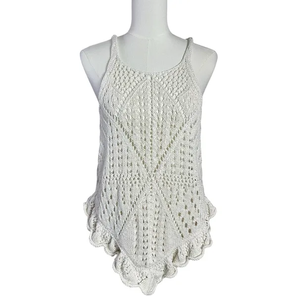 Free People Retro 70s Beachy Crochet Sea Song Sweater Tank Tunic Medium Neutral - Image 6