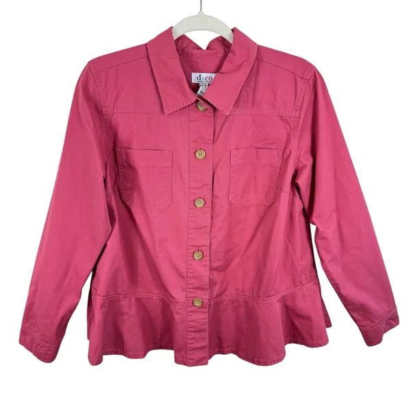 D & Co. 100% Cotton Pink‎ Collared Peplum Button Up Lightweight Shacket Size M - Image 3