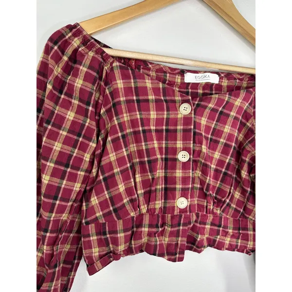 Eggka Peasant Milkmaid Crop‎ Top Red Cream Plaid Long Sleeve Button Front Small - Image 4