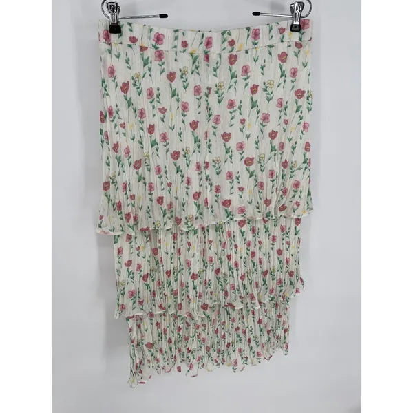 UMGEE Floral Tiered Maxi Skirt Women L White Pink Pleated Lined Chiffon‎ Cottage - Image 3