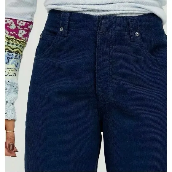 Free People Martha Mid Rise Cord Barrel Jeans - Navy Blue - Image 4