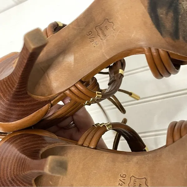 Tory Burch Tan Brown Leather Knotted Strappy Lace Up Stiletto Heels Sandals 9.5M - Image 7
