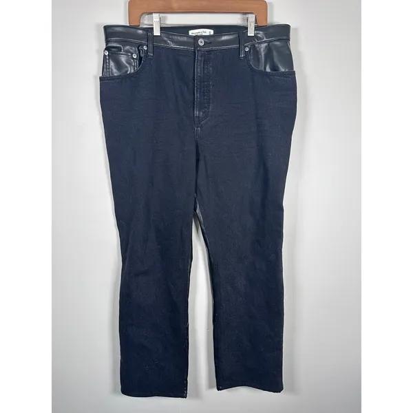 Abercrombie & Fitch Mixed Media Jeans Women 33/16S Black Faux Leather Edgy - Image 2
