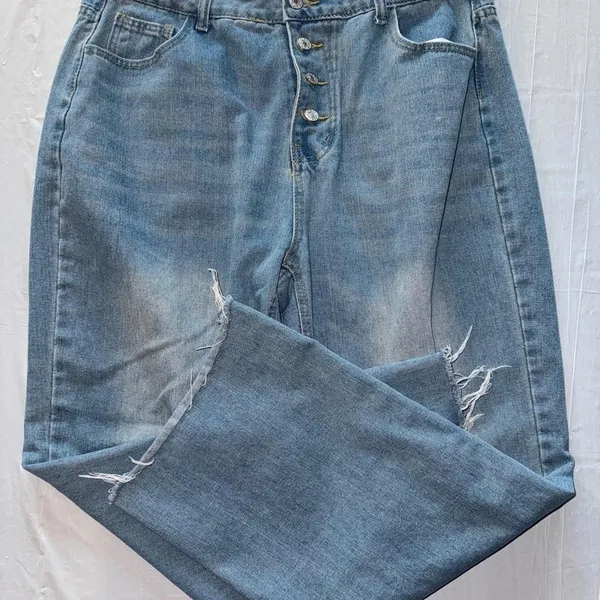 Womens High Rise Wide Leg Jeans Medium Wash‎ Button Fly Raw Hem Denim Pants - Image 2