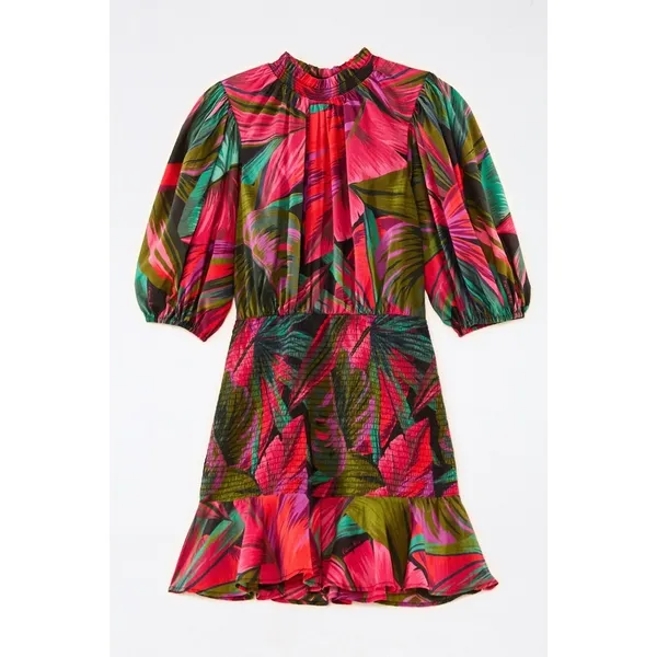 Farm Rio Tropical Palm‎ Leaf Smocked Puff Sleeve Mini Dress XL Vacation Resort - Image 16
