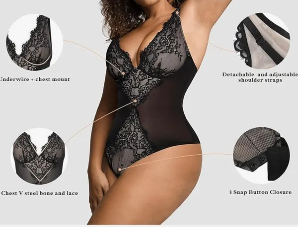 Shapewear Bodysuit V Neck Tummy Control Tank Tops Low Back Thong Bodysuit - Image 3