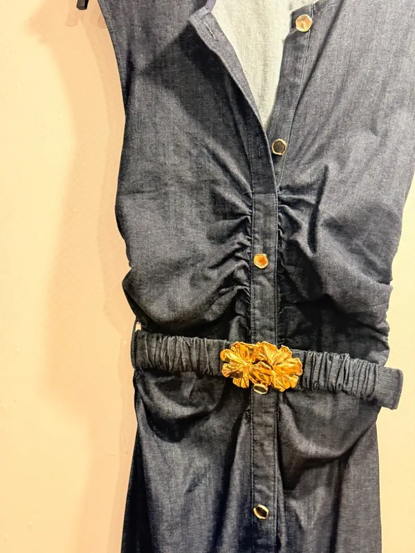 NWOT Zara Navy Blue Denim Button Front Sleeveless Midi Shirt Dress Gold Belt S - Image 9
