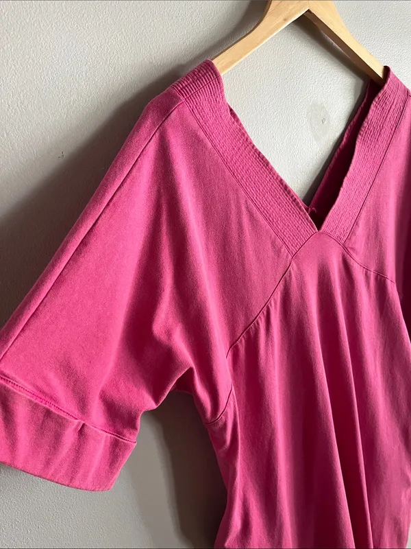 New In Fuchsia Pink V Neck Pocket Tunic Dress Oversized Relaxed Medium - Image 2