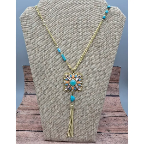 Gold Tone Multi Chain Long Pendant Necklace Tassel Accent Rhinestones 32" - Image 6