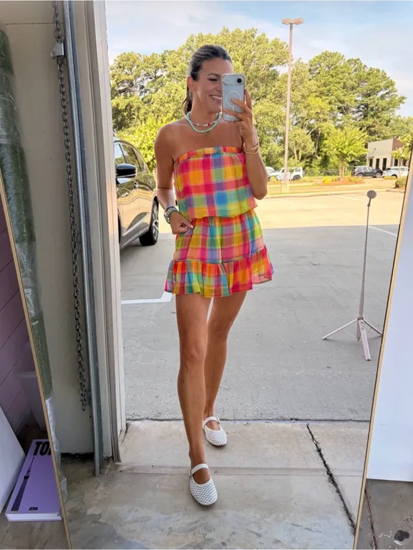 Womens Plaid Strapless Romper Size L - Image 4