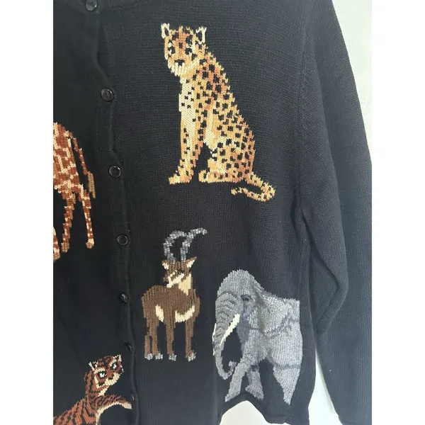 Marisa Cristina 90s Vintage Black Embroidered Safari Animal Cardigan Size Large - Image 4
