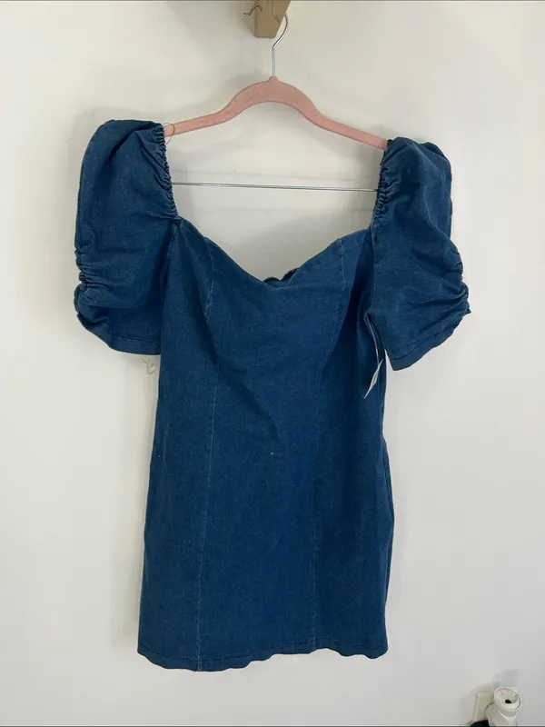 Alpha & Omega Stretch Denim Puff Sleeve Mini Dress - Image 3