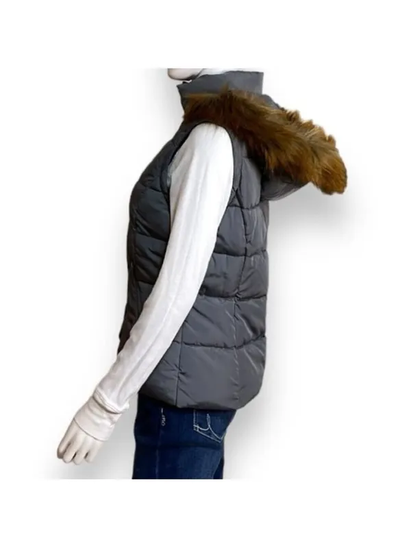 Gray Puffer Vest with Faux Fur Detachable Hood Women’s Size Small - Image 5