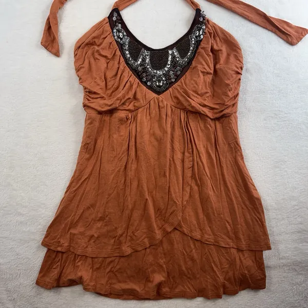 Vtg Y2K M Medium Babydoll Halter Top‎ Embellished Bling 90s Club Party Orange - Image 4