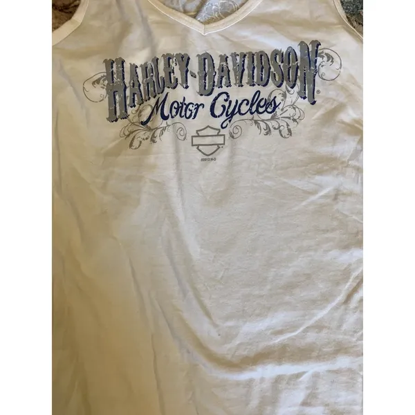 Harley Davidson White Tank Rhinestone Front Blue Trim Women's Small Schaefers PA - Image 3