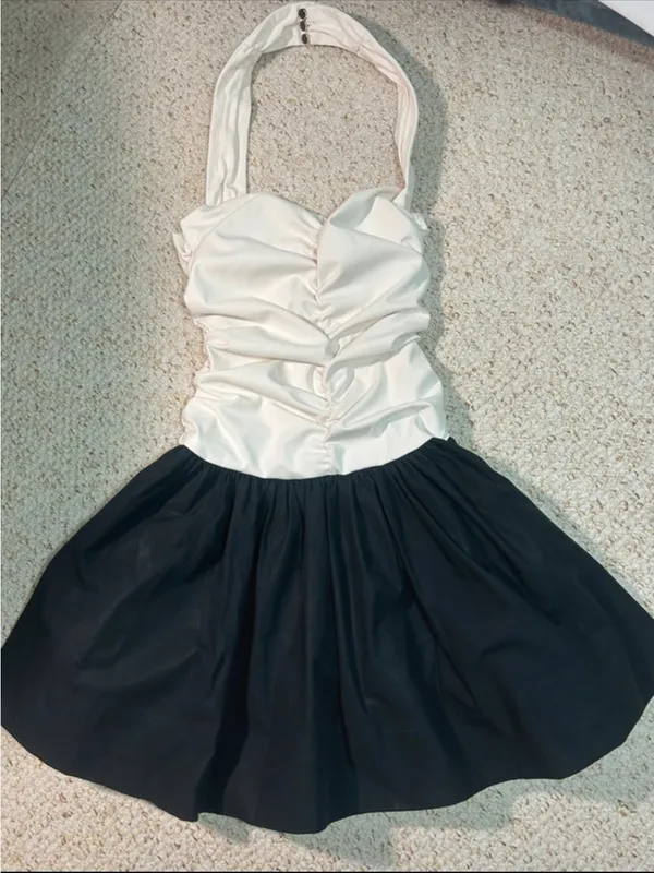 Anthropologie Two-Tone Ivory and Black Ruched Halter Mini Dress - Image 2