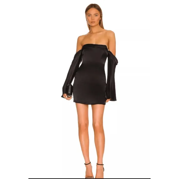 CAMILA COELHO Charlie Black Satin Off Shoulder Mini Dress Size XXS - Image 5